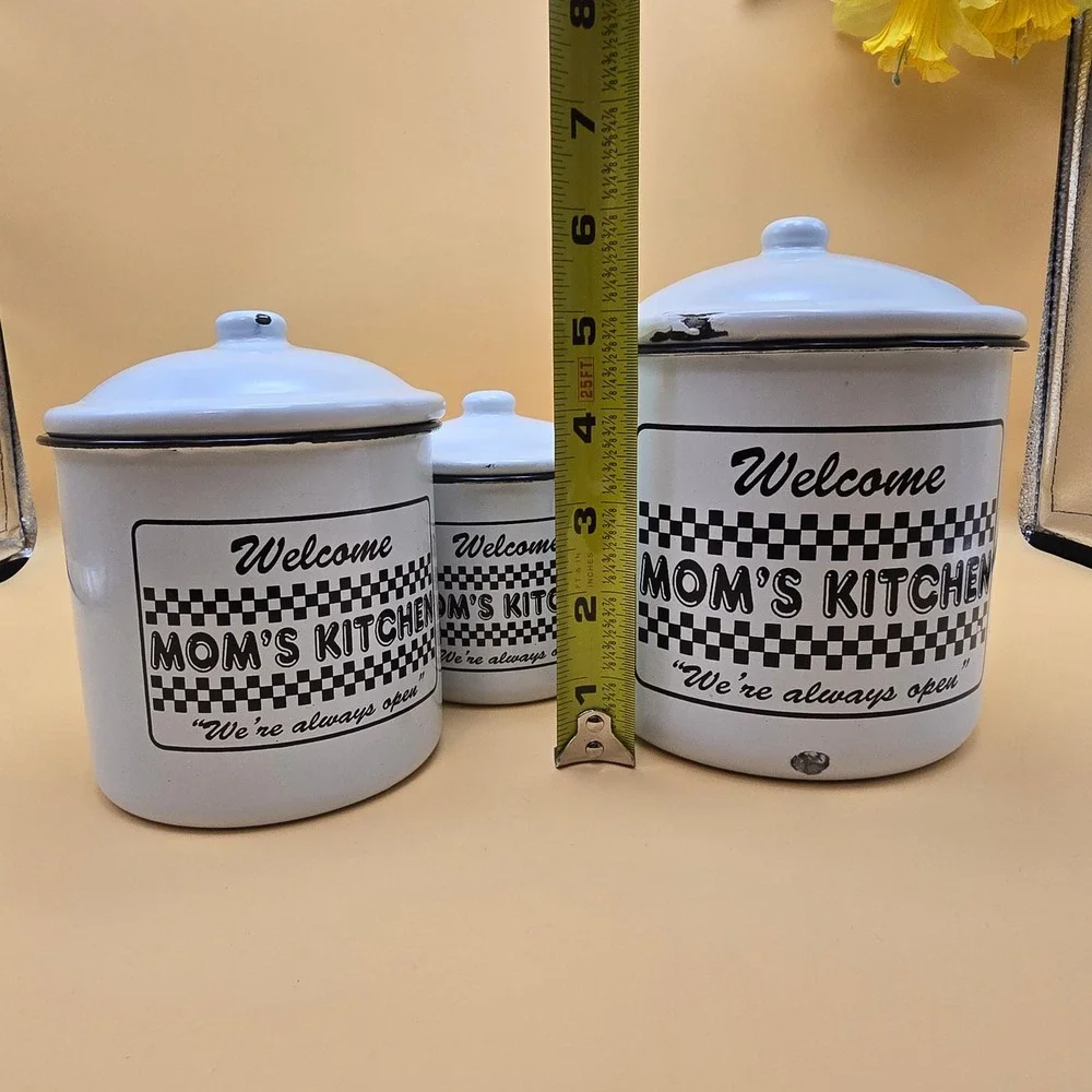 Vintage Mom's Kitchen Enamel Canister Set White Black Checkered 3 Piece Rustic